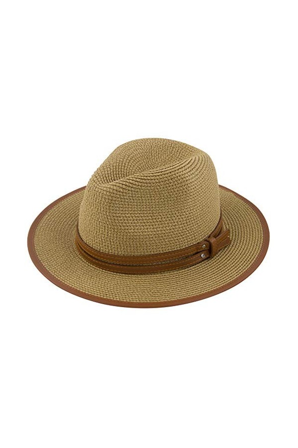 Muryobao Chapeau de paille Panama pliable Fedora pour femme à large bord UPF50+ - beige - Taille unique