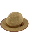 Muryobao Chapeau de paille Panama pliable Fedora pour femme à large bord UPF50+ - beige - Taille unique