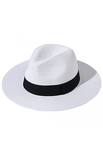 Hcimooy Chapeau de Paille à Large Bord pour Femme Panama avec Boucle Fedora Beach Sun Hat UPF50+ White 
