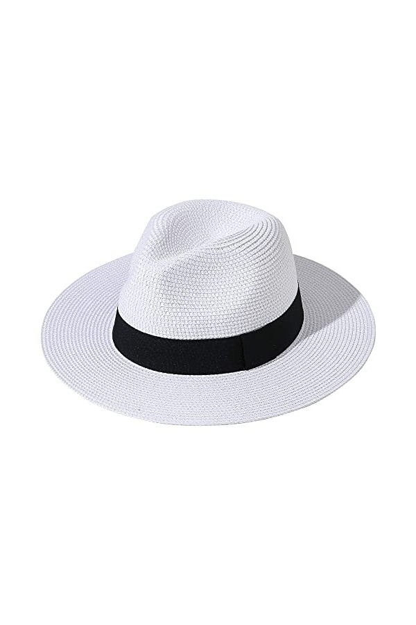 Hcimooy Chapeau de Paille à Large Bord pour Femme Panama avec Boucle Fedora Beach Sun Hat UPF50+ White 