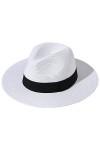 Hcimooy Chapeau de Paille à Large Bord pour Femme Panama avec Boucle Fedora Beach Sun Hat UPF50+ White 