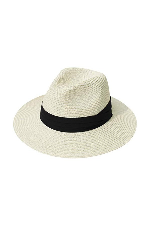 Hcimooy Chapeau de Paille à Large Bord pour Femme Panama avec Boucle Fedora Beach Sun Hat UPF50+ White 