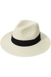 Hcimooy Chapeau de Paille à Large Bord pour Femme Panama avec Boucle Fedora Beach Sun Hat UPF50+ White 