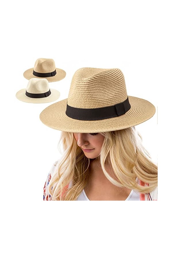 Fedora Lot de 3 chapeaux de paille Panama pour femme et homme, Lot de 2 beige, blanc laiteux , 7-7 1/4