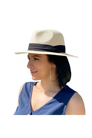 Sowift Chapeau de paille à large bord enroulable Panama Fedoras pour femme Protection UV UPF50+ - beige - Taille unique