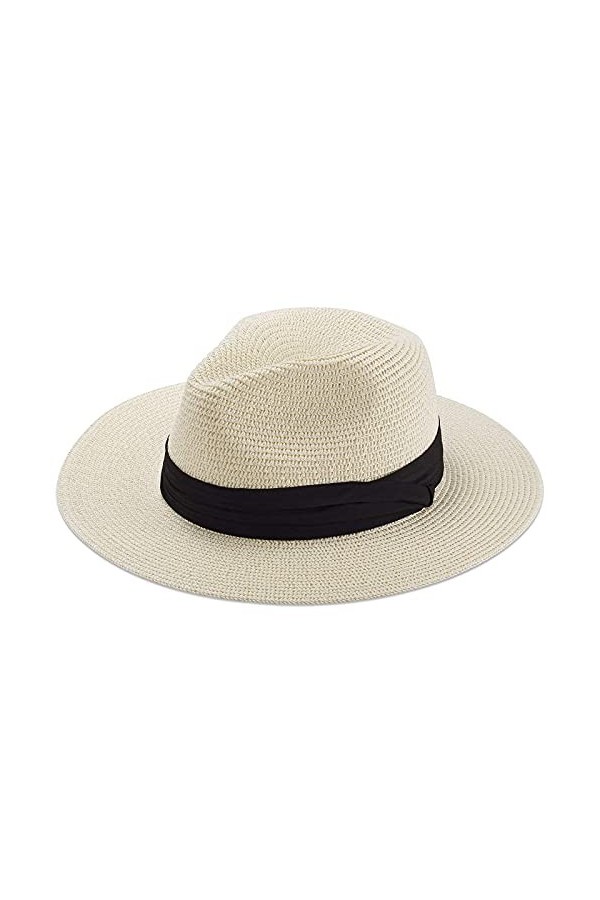 Sowift Chapeau de paille à large bord enroulable Panama Fedoras pour femme Protection UV UPF50+ - beige - Taille unique