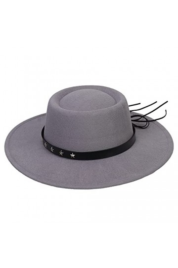 VPbao Chapeau à Plat Femme Homme Fedora Large Bord Panama Chapeau de Soleil Boucle en Cuir Etoile Gris