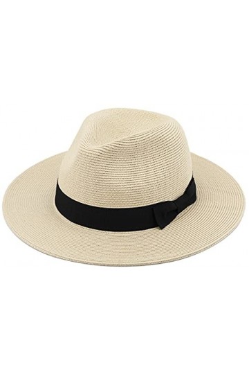 Melesh Chapeau de paille Fedora pour homme et femme - Fine tresse - Large bord - Chapeau Panama, Nœud beige., Medium
