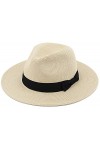 Melesh Chapeau de paille Fedora pour homme et femme - Fine tresse - Large bord - Chapeau Panama, Nœud beige., Medium