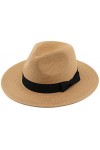 Melesh Chapeau de paille Fedora pour homme et femme - Fine tresse - Large bord - Chapeau Panama, Nœud beige., Medium