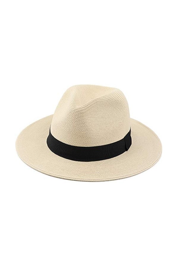 Melesh Chapeau de paille Fedora pour homme et femme - Fine tresse - Large bord - Chapeau Panama, Nœud beige., Medium