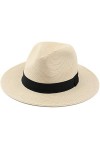 Melesh Chapeau de paille Fedora pour homme et femme - Fine tresse - Large bord - Chapeau Panama, Nœud beige., Medium