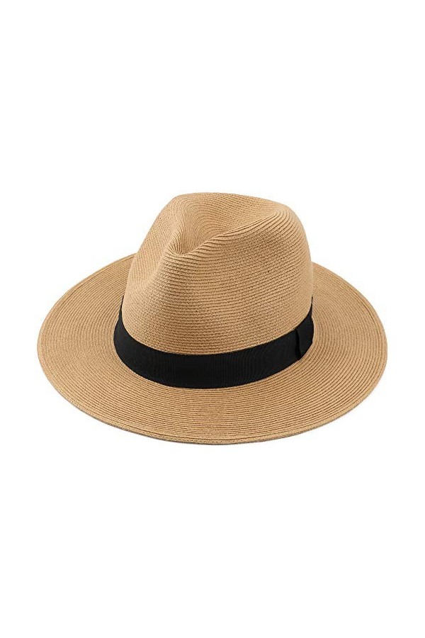 Melesh Chapeau de paille Fedora pour homme et femme - Fine tresse - Large bord - Chapeau Panama, Nœud beige., Medium