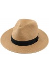 Melesh Chapeau de paille Fedora pour homme et femme - Fine tresse - Large bord - Chapeau Panama, Nœud beige., Medium