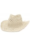 GEMVIE Chapeau de paille dété de cowboy à large bord creux Panama Fedora pour homme et femme, blanc, 7 / 7 1/4