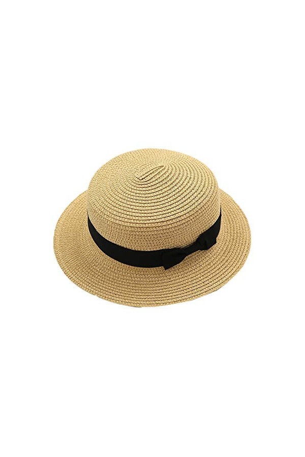 Elonglin Femme et Enfant Chapeau de Paille de Soleil Panama Capeline Chapeau Porkpie avec Nœud Papillon Crème Enfant