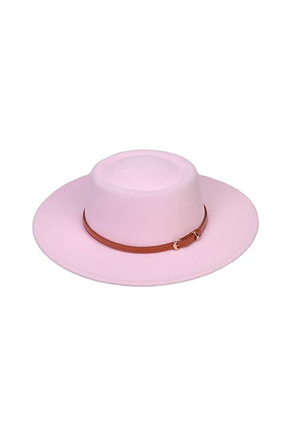 VPbao Chapeau de Soirée Mariage en Laine Fedora Trilby Panama Large Bord Boucle en Cuir Rose