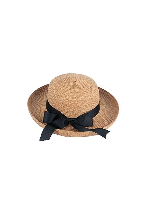 Femme Chapeau de Paille Chapeau Panama Chapeau de Soleil Grand Bord avec Bande Mignonne Taille Unique Café Lumière01