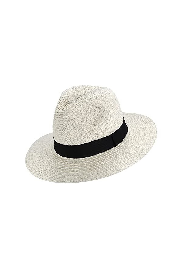 Chapeau de soleil Fedora Panama tissé avec paille enroulable UPF50+ large bord pour femme - Accessoires de plage, blanc, tail