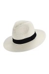 Chapeau de soleil Fedora Panama tissé avec paille enroulable UPF50+ large bord pour femme - Accessoires de plage, blanc, tail