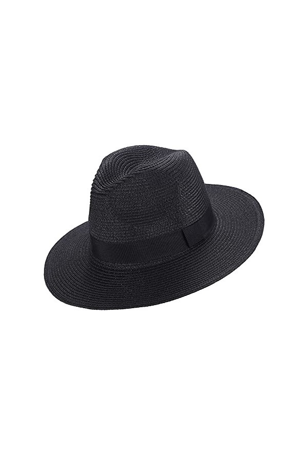Chapeau de soleil Fedora Panama tissé avec paille enroulable UPF50+ large bord pour femme - Accessoires de plage, blanc, tail