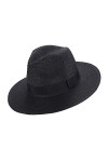 Chapeau de soleil Fedora Panama tissé avec paille enroulable UPF50+ large bord pour femme - Accessoires de plage, blanc, tail