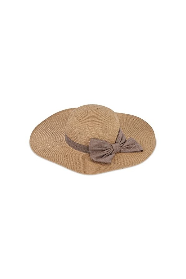 Relaxdays Chapeau de Paille, Couvre-Chef élégant pour Femmes, été, Plage & Festival, nœud Gris à Carreaux, Beige-Gris