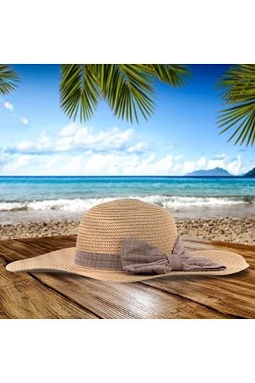 Relaxdays Chapeau de Paille, Couvre-Chef élégant pour Femmes, été, Plage & Festival, nœud Gris à Carreaux, Beige-Gris