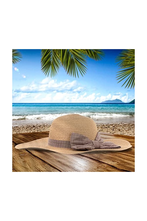 Relaxdays Chapeau de Paille, Couvre-Chef élégant pour Femmes, été, Plage & Festival, nœud Gris à Carreaux, Beige-Gris