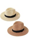 KXF Fedora Chapeau de soleil Panama à large bord pour femme avec ruban gros-grain pour vacances dété à la plage, coupe régla