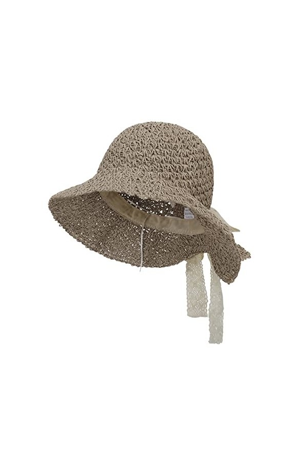 FakeFace Chapeau de paille pliable avec nœud en dentelle pour femme - Protection UV - Chapeau de jardin Panama - Respirant - 