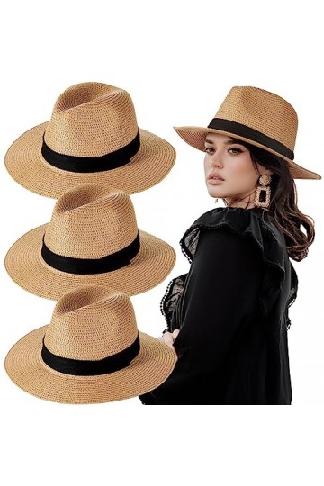 Hicarer 3 Chapeaux de Soleil de Paille Pliables pour Femme Chapeau Panama dÉté Réglable Fedora de Protection UV à Large Bord