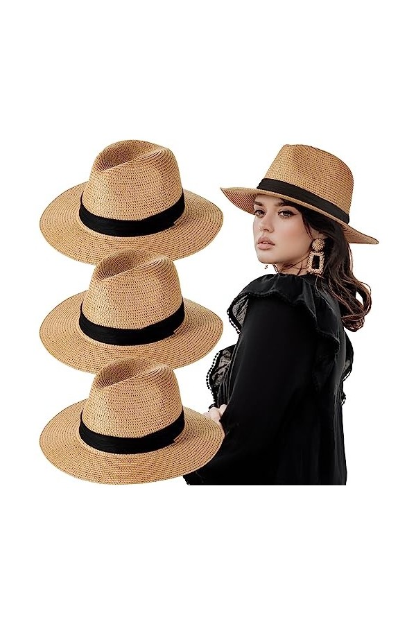 Hicarer 3 Chapeaux de Soleil de Paille Pliables pour Femme Chapeau Panama dÉté Réglable Fedora de Protection UV à Large Bord