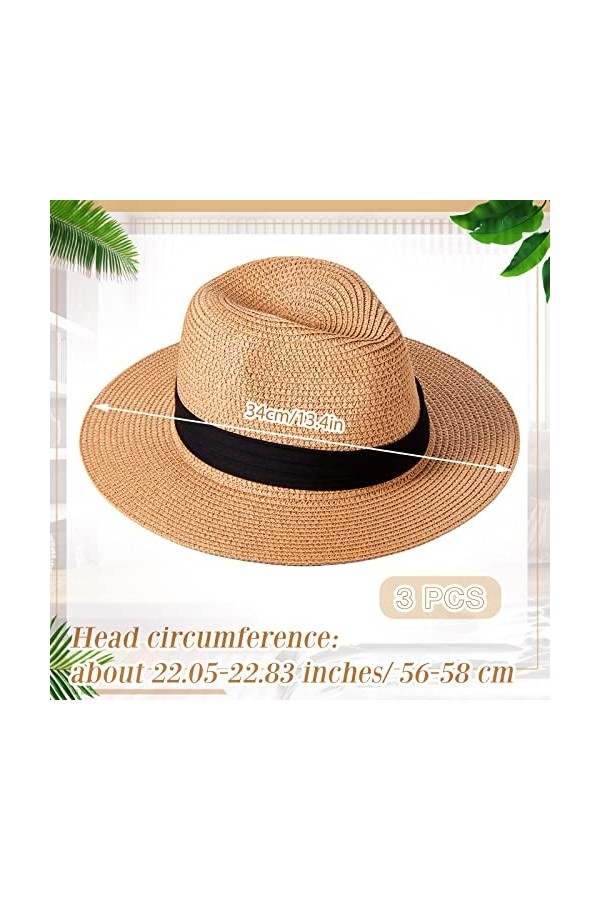 Hicarer 3 Chapeaux de Soleil de Paille Pliables pour Femme Chapeau Panama dÉté Réglable Fedora de Protection UV à Large Bord