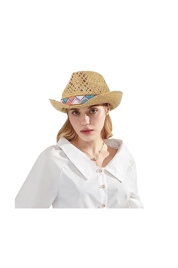 haozaikeji Chapeau dété souple Panama en paille creuse respirante,Pliable,Protection solaire,Chapeau de cowboy,Chapeau jazz 