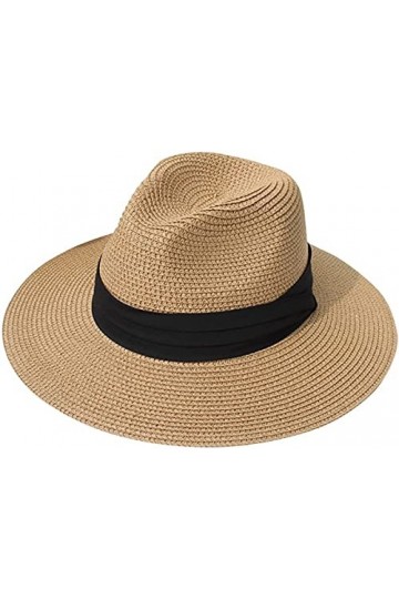 Lanzom Chapeau de paille Panama à large bord pour femme - UPF50+, 002 Ceinture Marron, taille unique