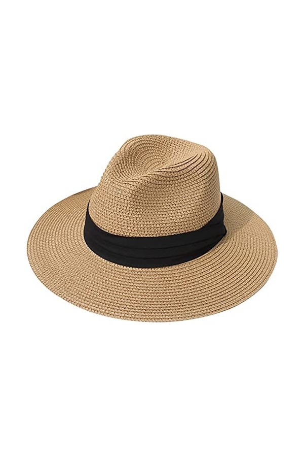 Lanzom Chapeau de paille Panama à large bord pour femme - UPF50+, 002 Ceinture Marron, taille unique