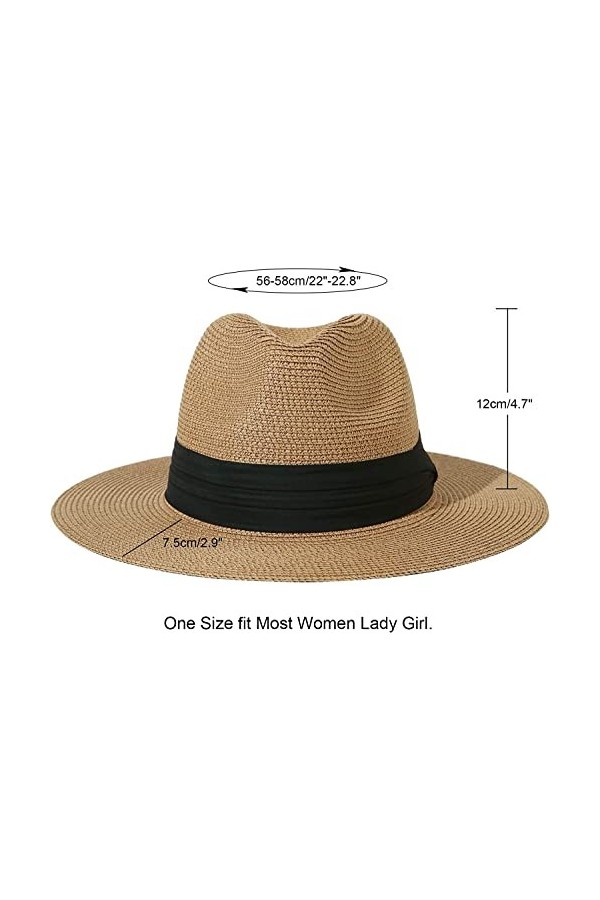 Lanzom Chapeau de paille Panama à large bord pour femme - UPF50+, 002 Ceinture Marron, taille unique