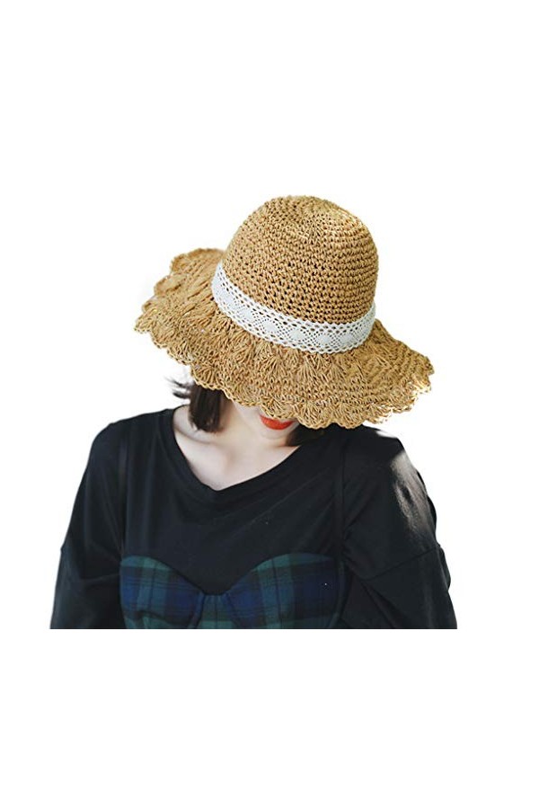 RUIXIA Chapeau de Paille Femme Bob Chapeau Femme Capeline Tresse Panama Femme Chapeau à Large Bord Anti Soleil Chapeau avec N