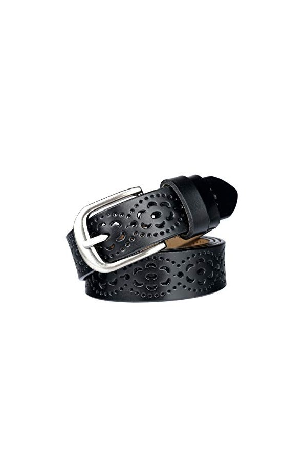 Lalafancy Ceinture Vintage Véritable en cuir de vachette pour femme Mode Creuse Fleur Design Ceinture pour femme avec boucle