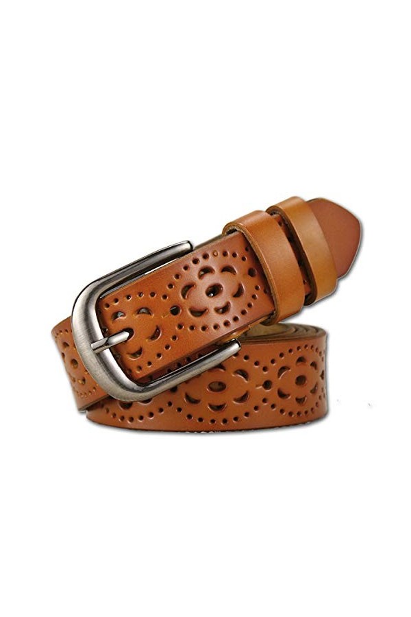 Lalafancy Ceinture Vintage Véritable en cuir de vachette pour femme Mode Creuse Fleur Design Ceinture pour femme avec boucle 