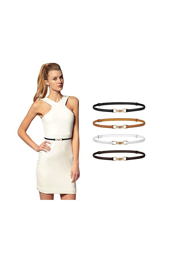 NOKDAL 4pièces Ceinture Fine Femme Cuir Noir Blanche Marron Belt Ceinture Fin Faux Cuir avec boucle Décoration Ceinture pour 