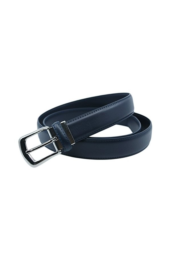 Ceinture classique 3 cm en croûte de cuir de vachette ajustable boucle argenté à ardillon 120 cm, Bleu Marine, 120 cm