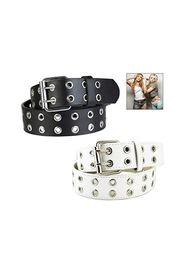 XLKJ Ceinture à Clous, Ceinture à Double Boucle, Ceinture Gothique Boucle Ceinture en Cuir Femme pour Jeans, Pantalons