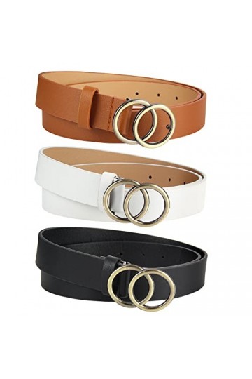 YiliYa Boucle Ronde Ceinture en Cuir PU,3 Pièces Ceinture Boucle Cuir Femme avec Design de Double Joint Torique pour Jeans Ro