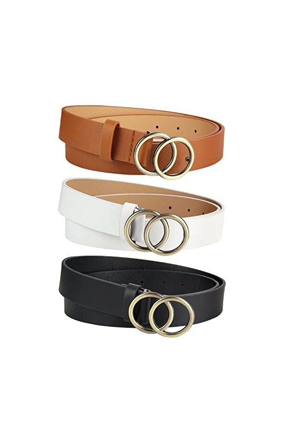 YiliYa Boucle Ronde Ceinture en Cuir PU,3 Pièces Ceinture Boucle Cuir Femme avec Design de Double Joint Torique pour Jeans Ro