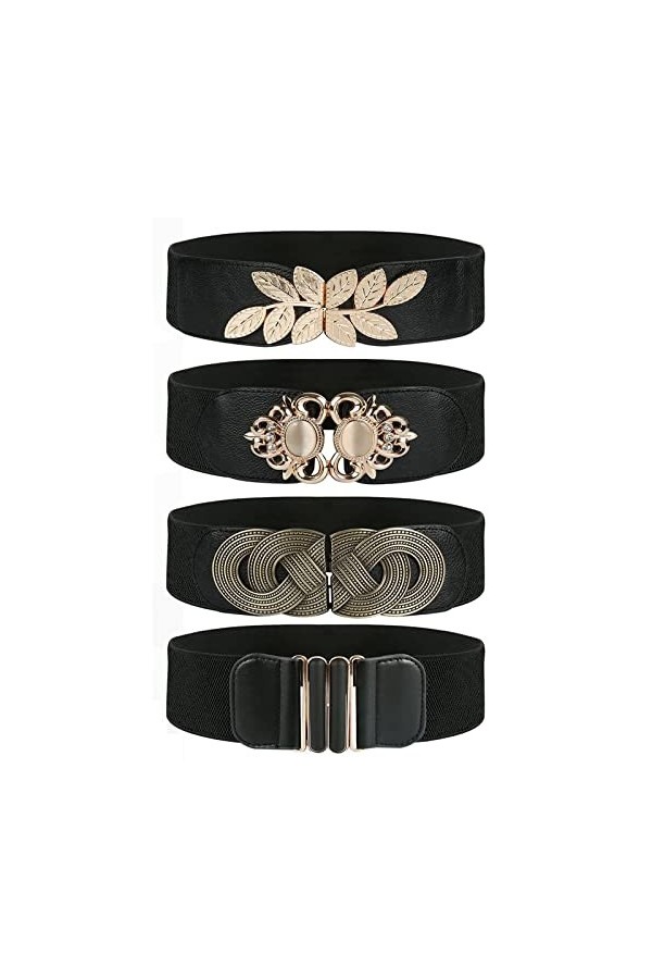 Pomeloone Ceinture élastique Large pour Femmes, 4 Pièces Ceintures de Taille élastiques Noires Vintage pour Femmes, Large Cei