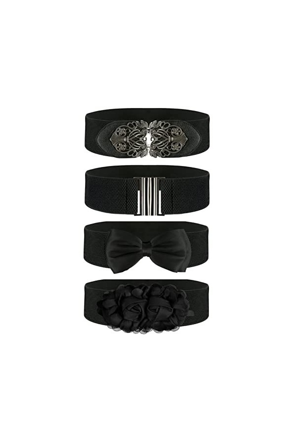 Pomeloone Ceinture élastique Large pour Femmes, 4 Pièces Ceintures de Taille élastiques Noires Vintage pour Femmes, Large Cei