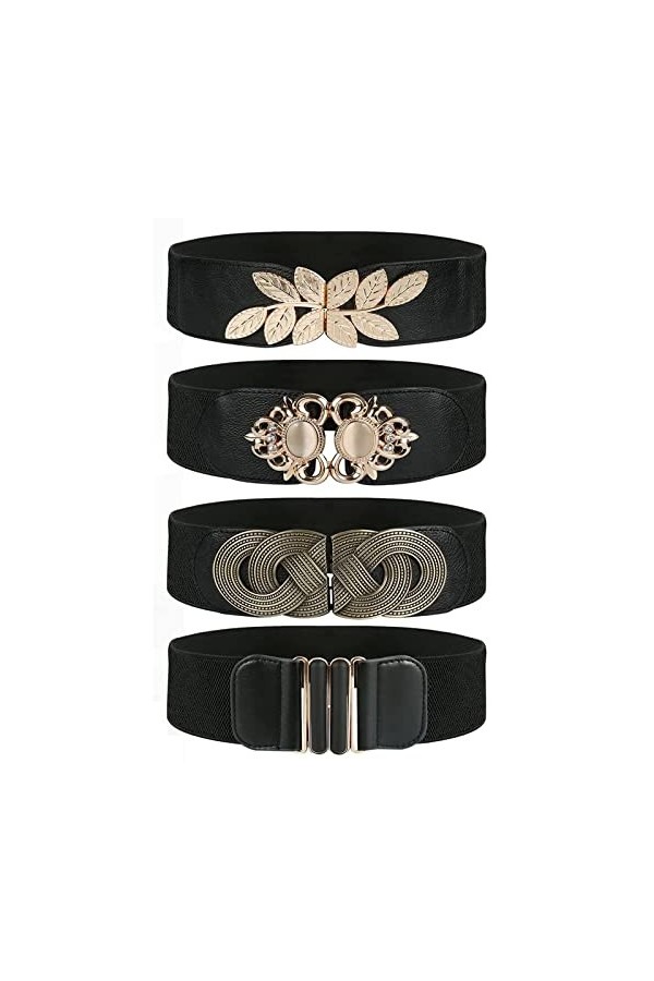 Pomeloone Ceinture élastique Large pour Femmes, 4 Pièces Ceintures de Taille élastiques Noires Vintage pour Femmes, Large Cei