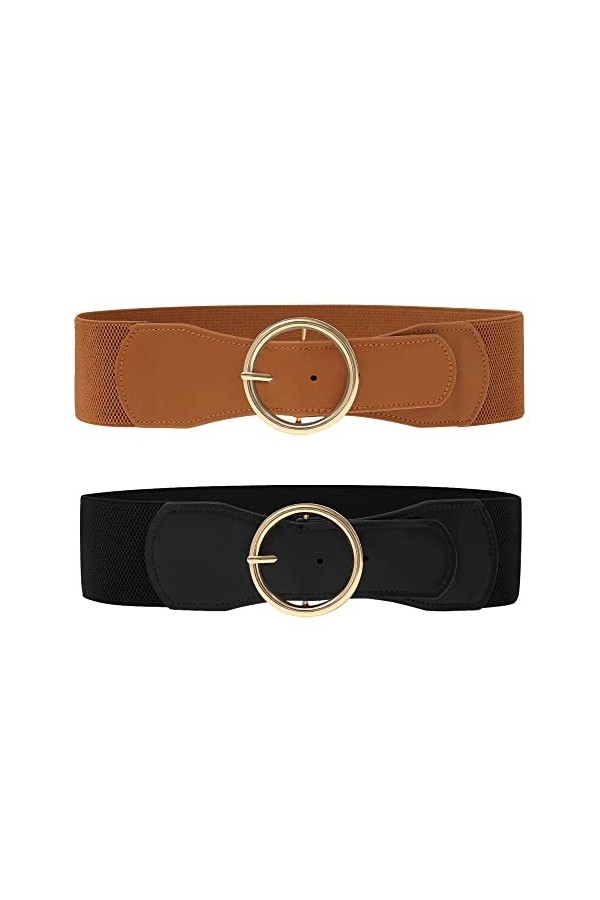 WELROG 2 Pièces Ceinture Élastique pour Femme - Large Ceinture Vintage pour Robe, Chemises Ceintures de Mode pour Dames Noir